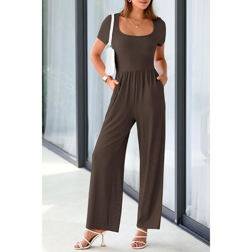 Women's Coffee Summer Short Sleeve Square Neck Wide Leg Rompers Jumpsuits - Picture 8 of 8